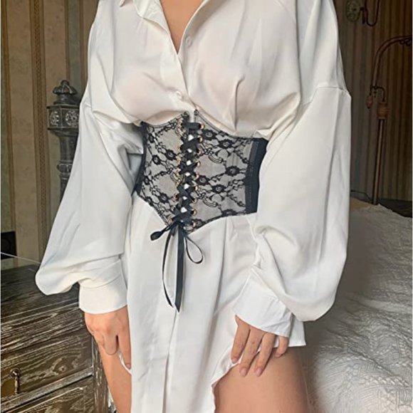 Black Floral Lace PVC Lace Up Corset Elastic Wide Waistband Belt Girdle - Picture 4 of 9